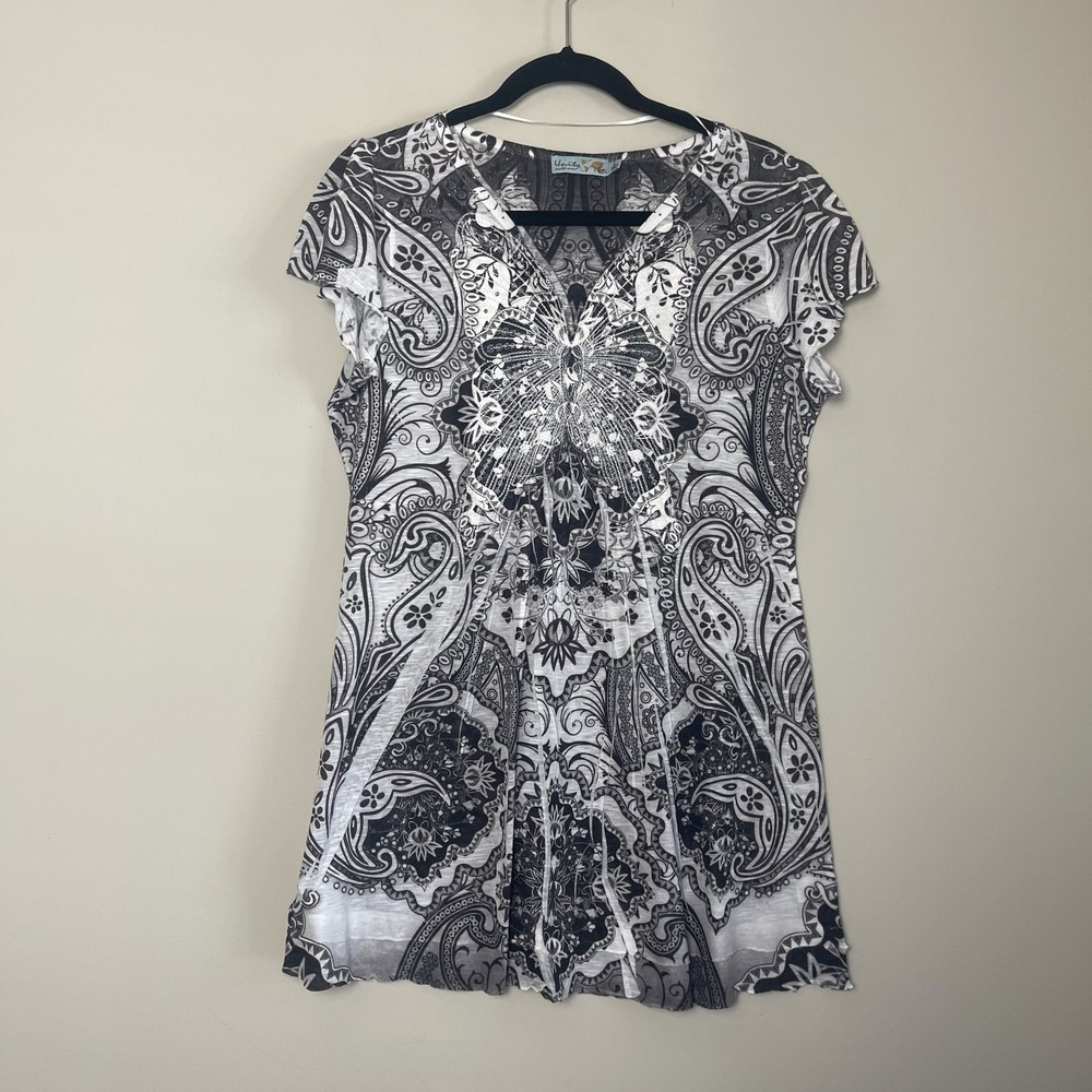 Unity Boho Paisley Butterfly Print Top Women's Y2K Grunge Fairycore Tee Sz L